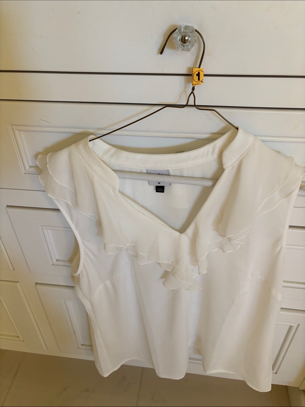 CAbi White Sleeveless V-Neck Ruffle Blouse